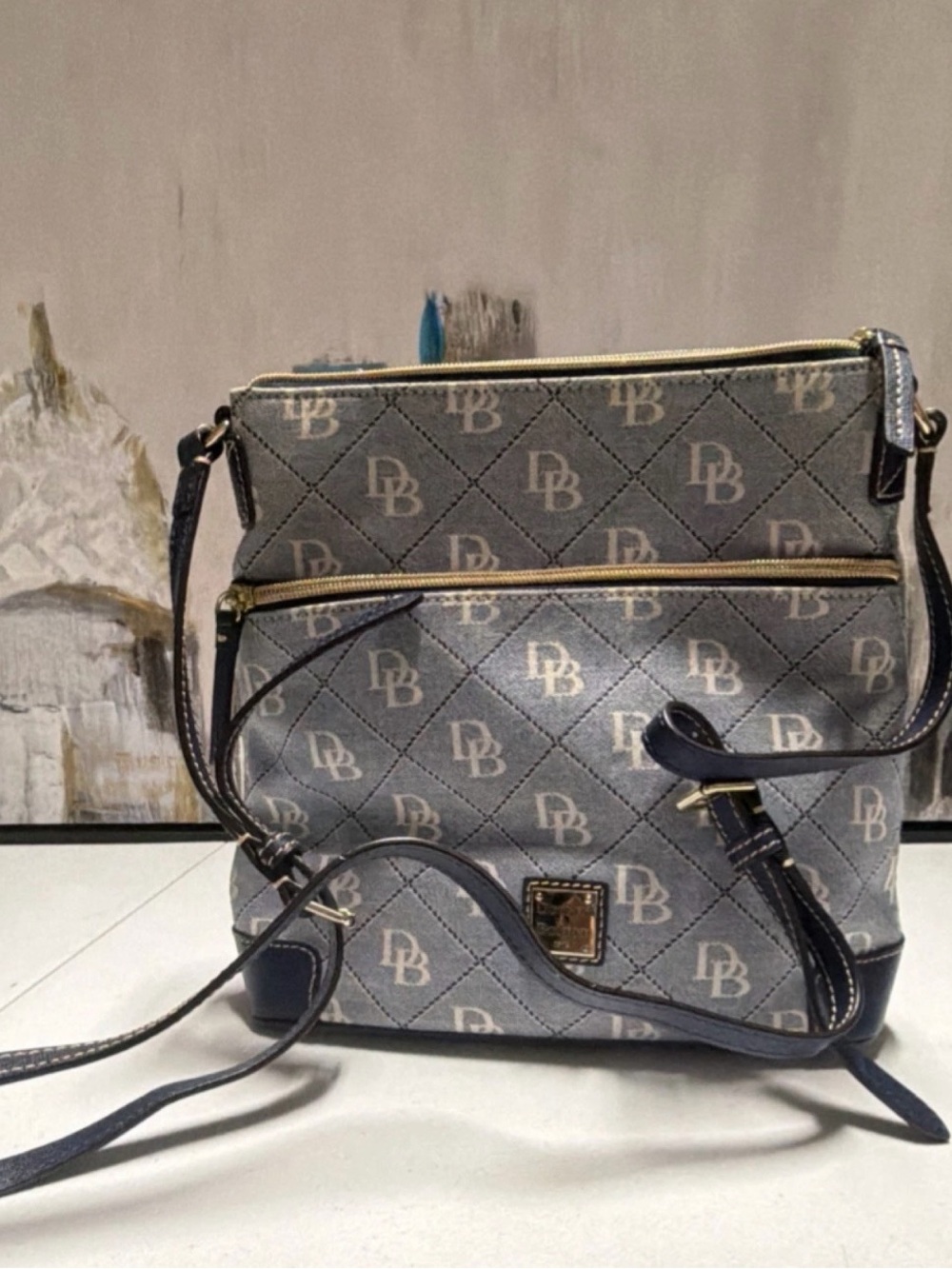 Dooney & Bourke Blue Logo Zip Shoulder Bag Gold Hardware Red Lining